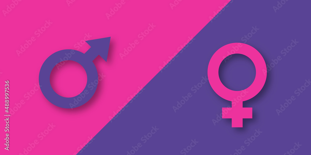 Male and female gender signs on purple and pink background. Relationship concept between men or boy and women or girl. Vector paper cut illustration Male and female gender signs on purple and pink background. Relationship concept between men or boy and women or girl. Vector paper cut illustration
