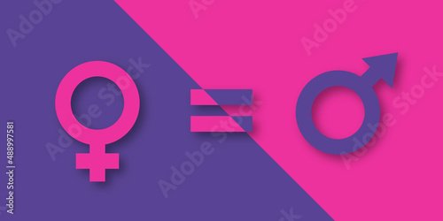 Female and male gender signs on purple and pink background. Vector paper cut illustration. Concept relationship between men and women. The concept of gender equality