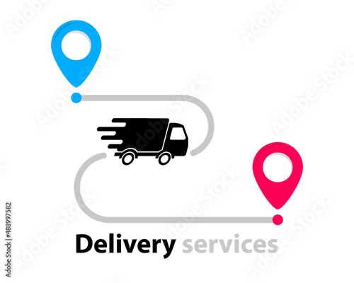 Delivery truck with map location, route path concept. Cargo van moving fast. Express delivery service icon with van and destination point. Point navigation, delivery way, geo location. Location pin