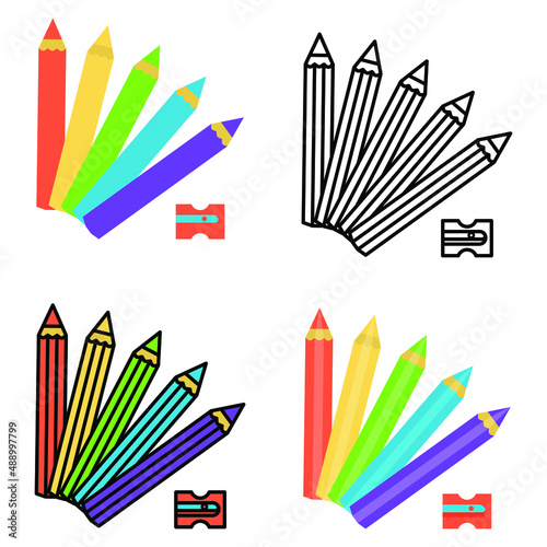 A set of colorful icons for childrens toys, colored pencils, coloring book drawing, childrens book illustration, flat vector graphics