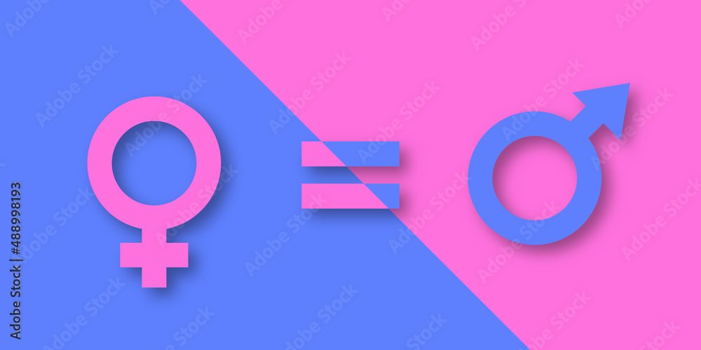 Male and female gender signs on blue and pink background. Relationship between men or boy and women or girl. The concept of gender equality. Vector paper cut illustration Male and female gender signs on blue and pink background. Relationship between men or boy and women or girl. The concept of gender equality. Vector paper cut illustration