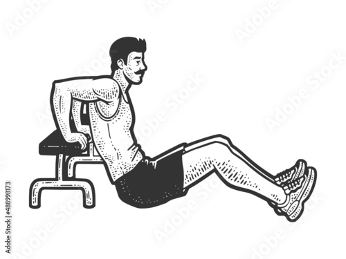 Man doing push up sports exercise calisthenics fitness sketch engraving vector illustration. T-shirt apparel print design. Scratch board imitation. Black and white hand drawn image.