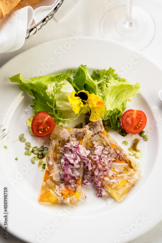 Rump cap in aspic with fresh onions and salad (Austria) photo