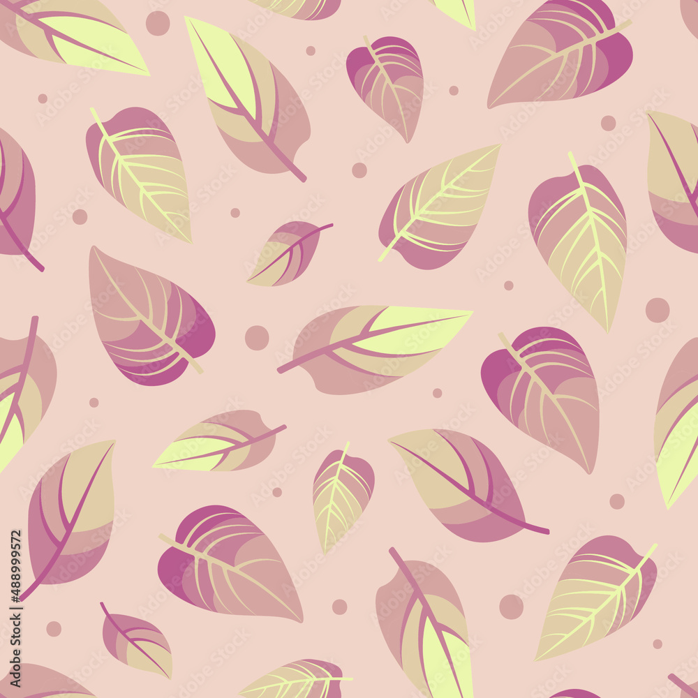 Vector seamless spring pattern with pastel pink falling leaves on pink background with different size dots.