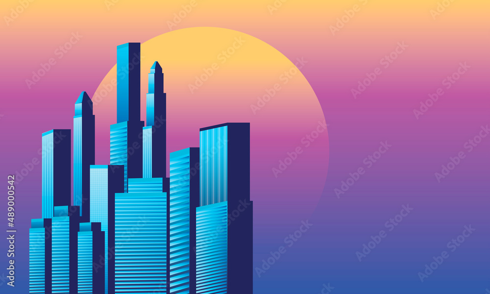 Ilustración vectorial de horizonte de ciudad en puesta de sol, amanecer o atardecer en tonos azules y morados.