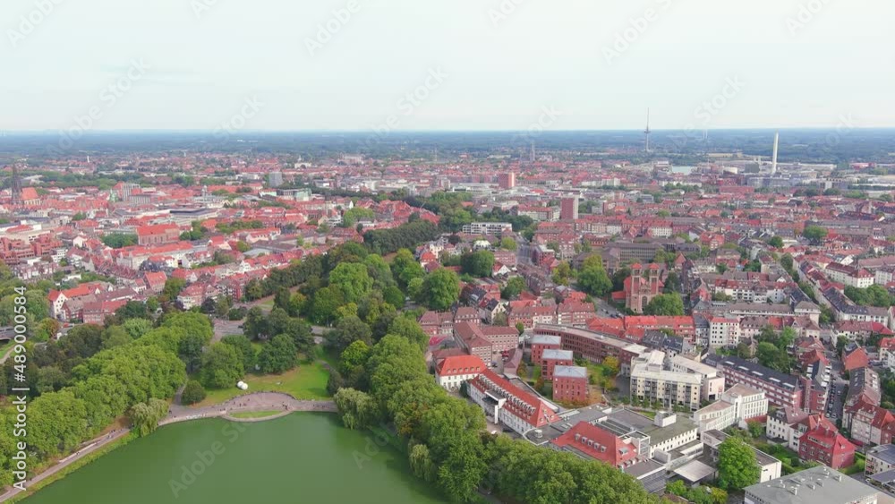 Munster: Aerial view of city in Germany, Recreational lake Münstersche Aa (Aasee) - landscape panorama of Europe from above Munster: Aerial view of city in Germany, Recreational lake Münstersche Aa (Aasee) - landscape panorama of Europe from above