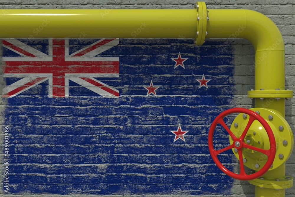 Pipe with valve and flag of New Zealand. 3d rendering