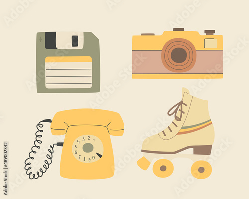 Nostalgia musical equipment, cassette tape and vinyl disc, radio and vinyl record player.