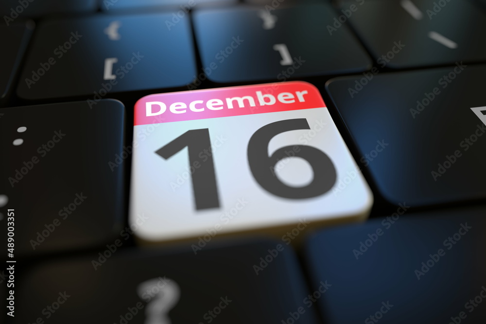 December 16 date on a keyboard key, 3d rendering December 16 date on a keyboard key, 3d rendering