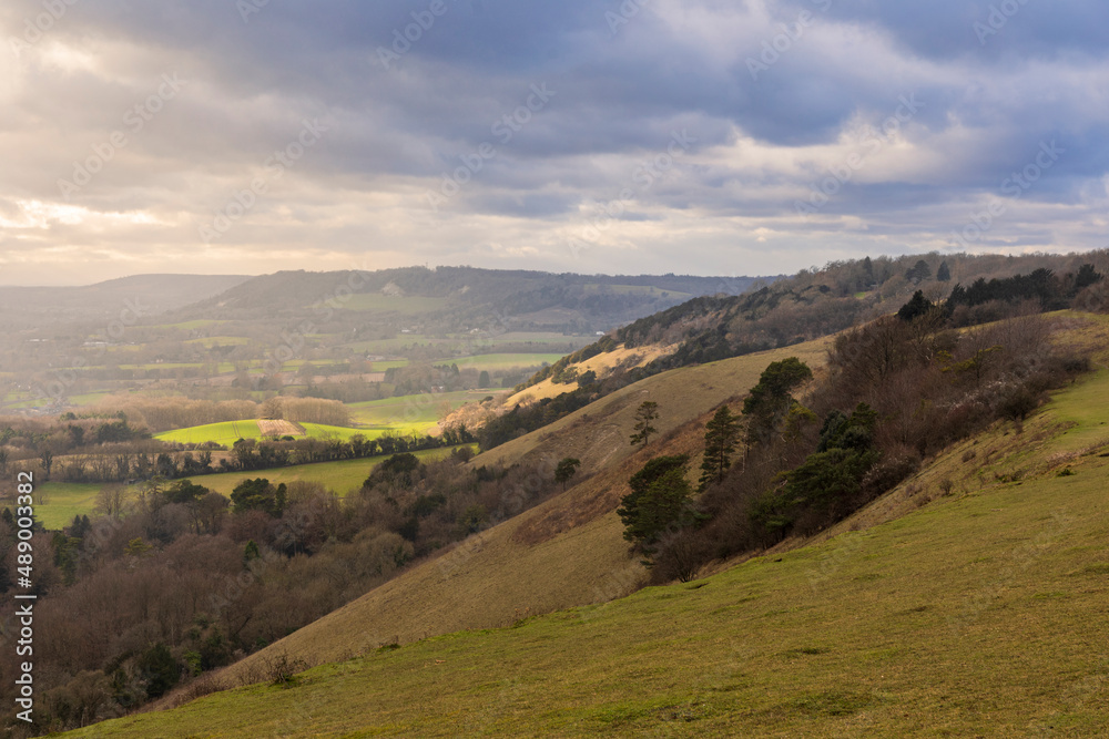 View across the Surrey Hills from Colley Hill Reigate on the North Downs, Surrey, south east England