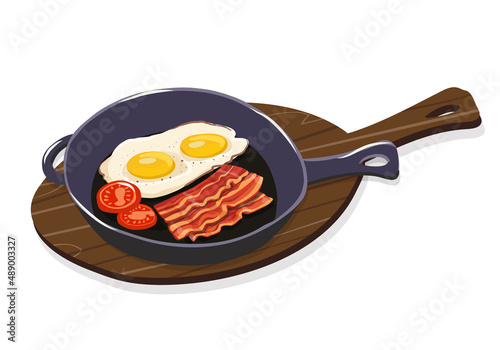 English breakfast. Fried eggs with bacon in a cast iron skillet. Cartoon hand drawn vector illustration
