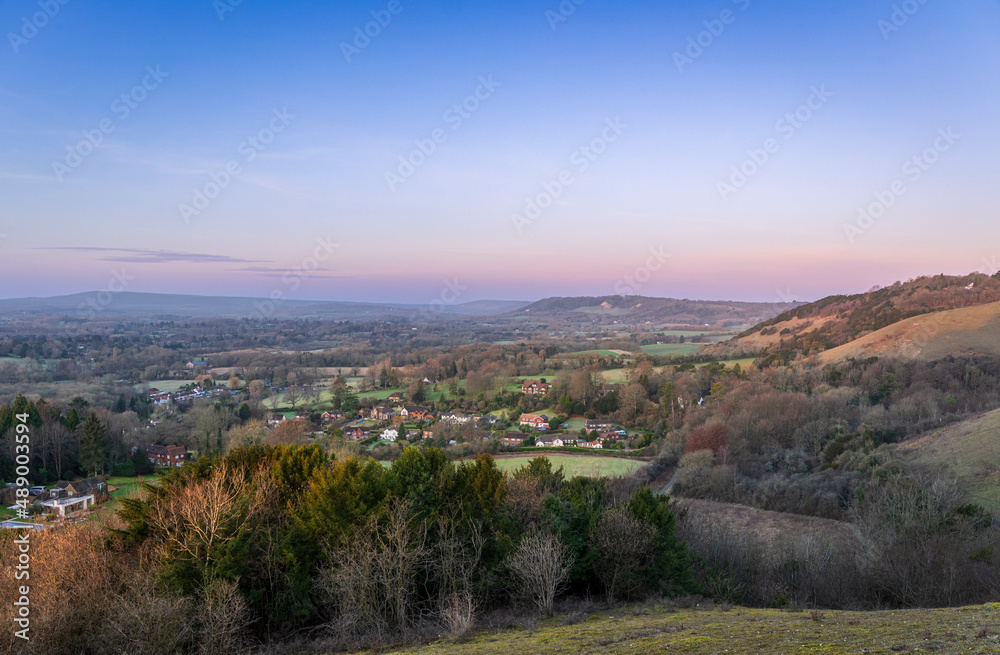 Calm morning dawn view from Colley Hill Reigate on the Surrey Hills North Downs south east England