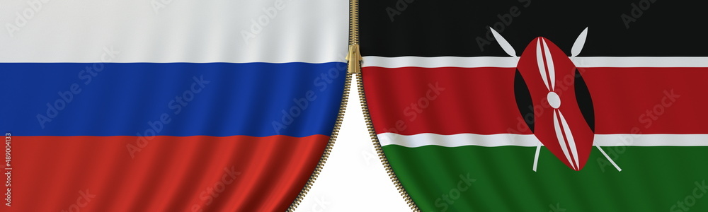 Naklejka premium Russia and Kenya political cooperation or conflict, flags and closing or opening zipper, conceptual 3D rendering