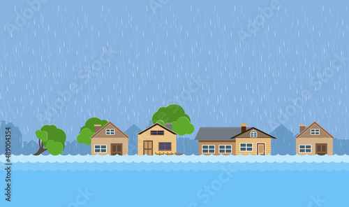 Fotografie, Obraz Flood natural disaster with house, heavy rain and storm , damage with home, clouds and rain, flooding water in city, Flooded house