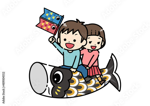 こいのぼりに乗っている子供達のイラスト　端午の節句　こどもの日