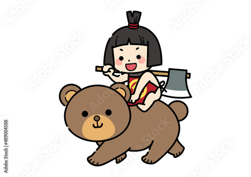 熊に乗っている金太郎のイラスト　端午の節句　こどもの日