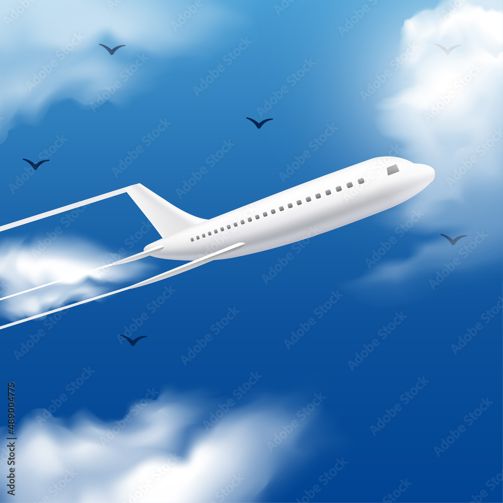 Realistic flying plane in blue sky vector. Realistic airplane in the blue sky with cloud background