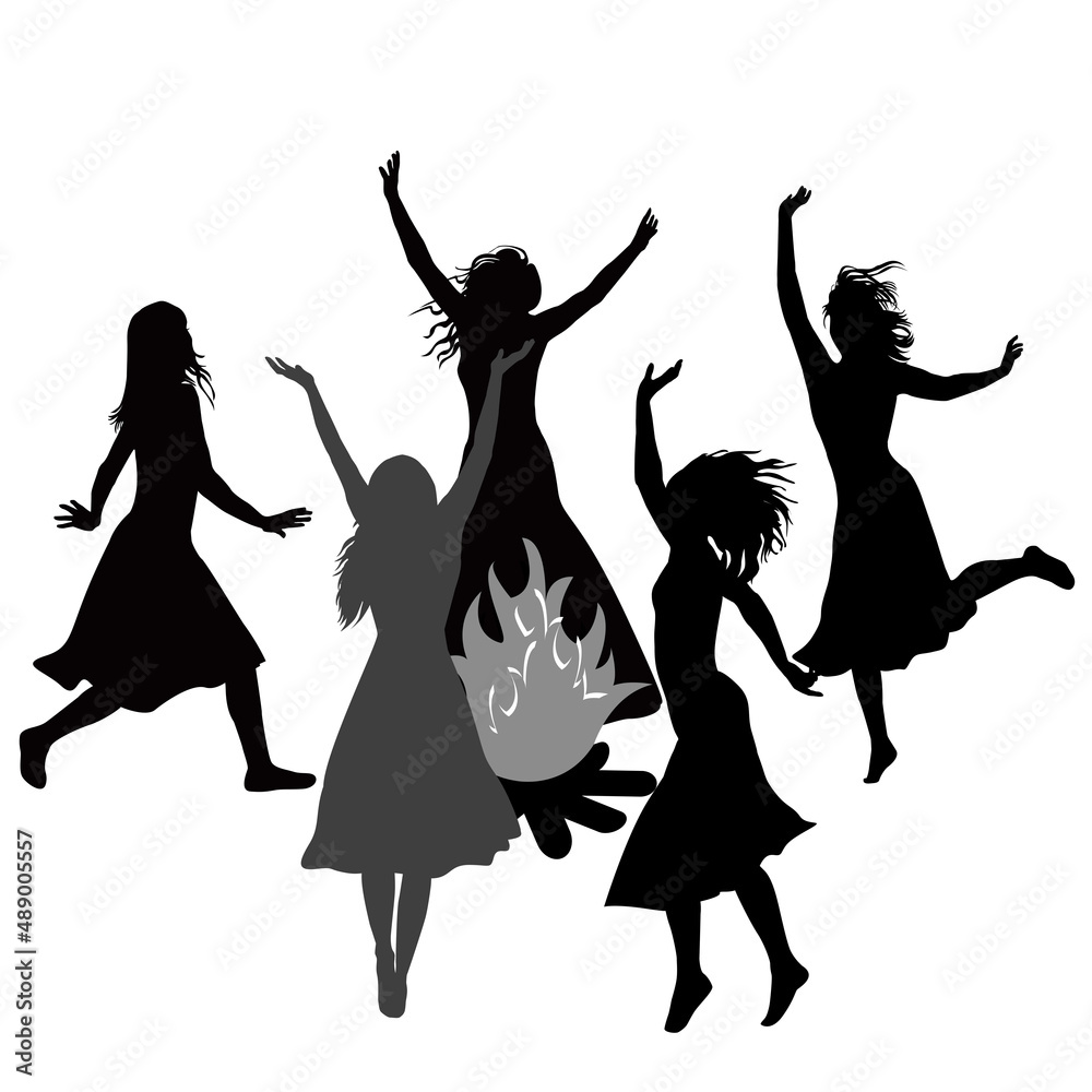 Silhouettes of witches dancing around the fire Silhouettes of witches dancing around the fire