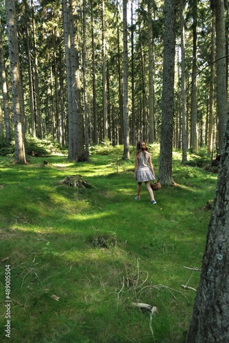 The girl walks through the shady forest. She has a dress, loose hair and a basket full of mushrooms. There are tall tree trunks around. The ground has lush green moss and low grass