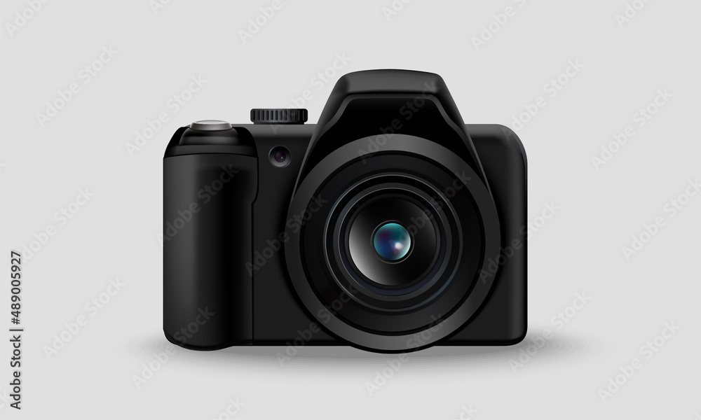 Realistic digital camera vector illustration isolated on white background. 
Digital camera design closeup realistic style. Realistic DSLR Digital Photo Camera Front Side With Lens Vector