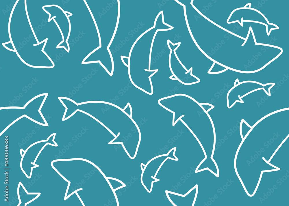 Seamless marine pattern of dolphins on a blue background. Template for textiles, wallpaper, paper, dishes, clothes and goods.
Seamless marine pattern of dolphins on a blue background. Template for textiles, wallpaper, paper, dishes, clothes and goods.