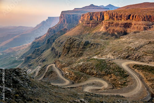 Travel to Lesotho. The winding Sani Pass dirt road between South Africa and Lesotho photo