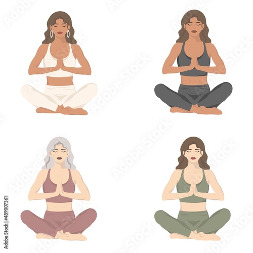 Set of woman meditating in lotus position. Concept illustration for yoga, meditation, relax, recreation, healthy lifestyle. Vector illustration in flat cartoon style. White background.