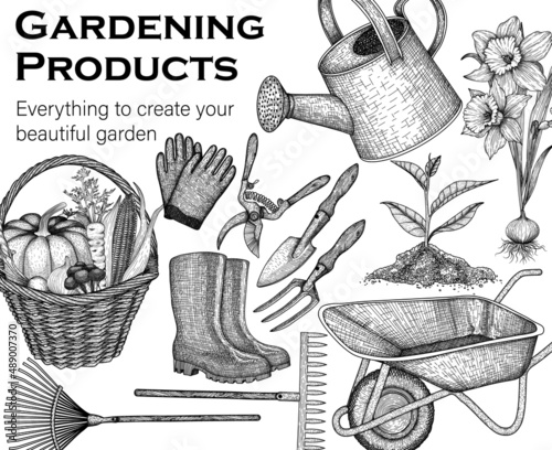 Vector set of 12 elements for gardening. Graphic linear watering can, garden rake and shovel, rubber boots, household gloves, daffodil seedling, sprout, wheelbarrow, pruner, basket with harvest