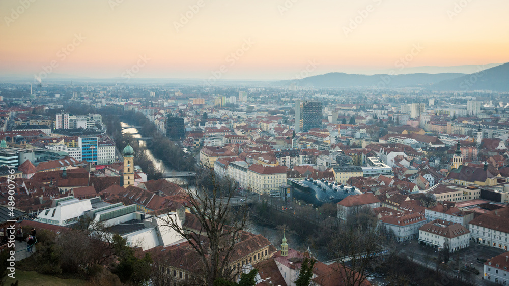 Fototapeta premium Top view on the town hall from the castle hill in Graz city. Traveling Austria