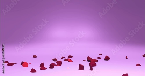 Red minimalistic heart exploding and breaking into pieces. Pink background. Symbol for lovesickness, sadness, relationship and emotions photo