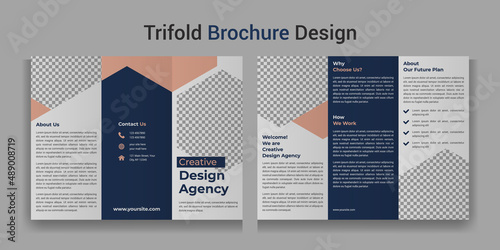 Creative business trifold brochure flyer template layout design. hexagon and a place for photos. Vector triple folding brochure for business and advertising.