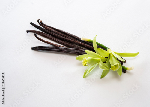 Vanilla pods undergo a aging process until they are browned with vanilla flowers on a white background.