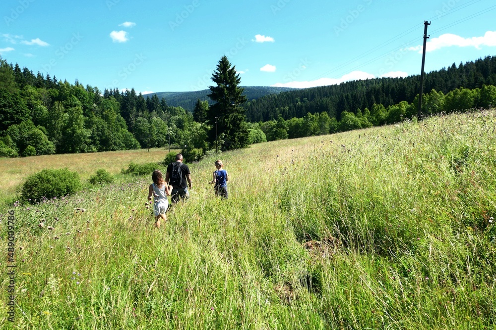 A man and two children walk along a mountainside. They go through a meadow where there is tall grass. There are forests around, hills in the distance. Blue sky and a few clouds