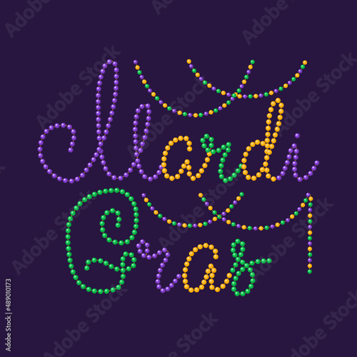 Mardi Gras text with beads vector illustration. Hand lettering poster to fat tuesday. Holiday greeting card.