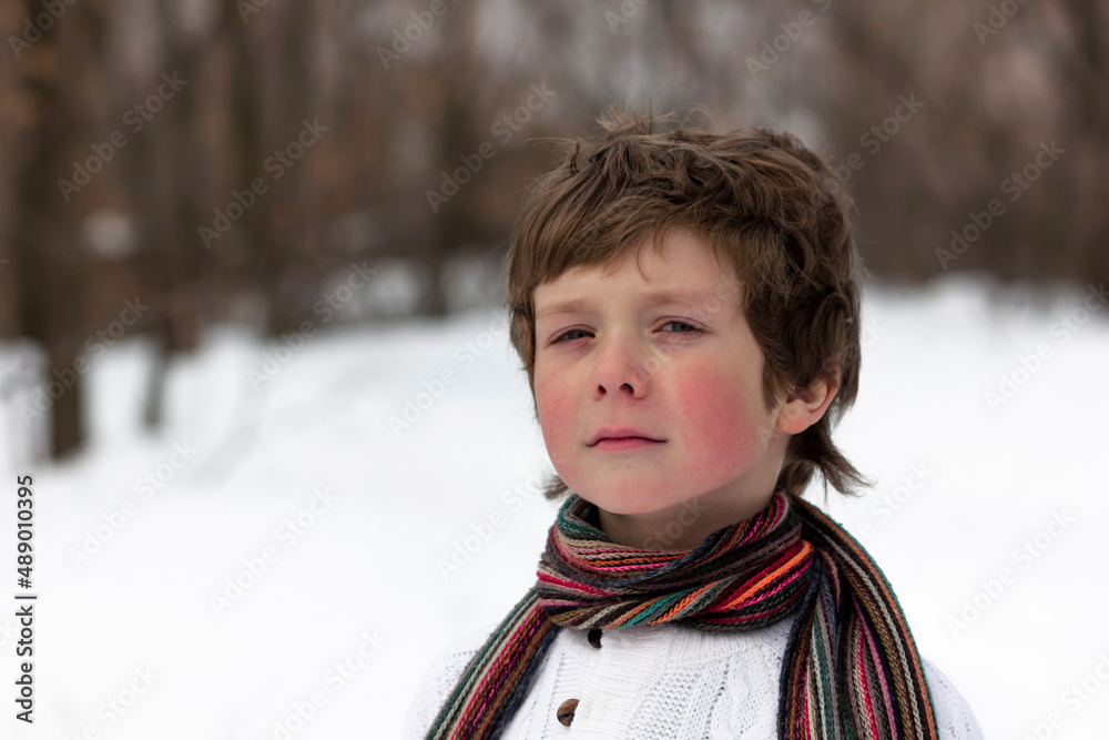A boy with cheeks red from frost in light clothes. A child in a jacket is alone against the blurred background of a winter forest.