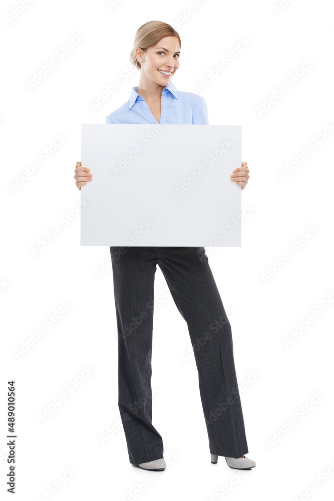 I want everyone to see your brand. Studio shot of a beautiful young businesswoman holding a blank sign against a white background. I want everyone to see your brand. Studio shot of a beautiful young businesswoman holding a blank sign against a white background.