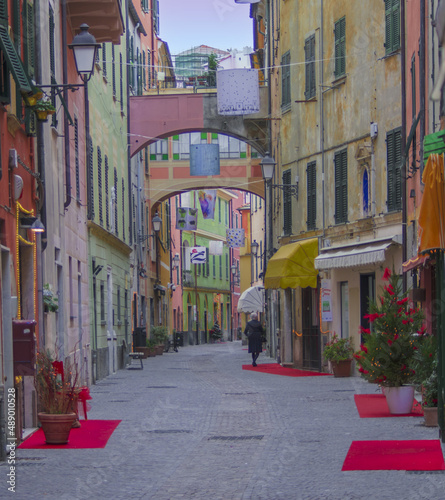 colorful narrow street in the town center.Celle Ligure,Liguria,Italy