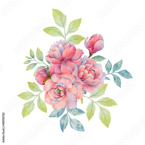 Bouquet of flowers with leaves isolated on white background. Bright watercolor flowers for design, invitations, print
