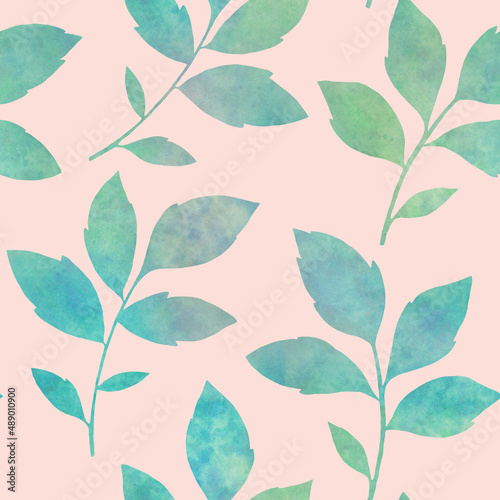 Prints of abstract branches with leaves repeating seamless pattern. Digital hand drawn picture with watercolor texture. Leaves seamless watercolor pattern. endless motif for textile decor and design