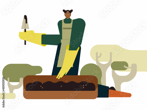 Seasson greenary planting. Character put plant seedlings into the ground. Farmer gardening or agriculture hobby. Flat vector cartoon isolated illustration.