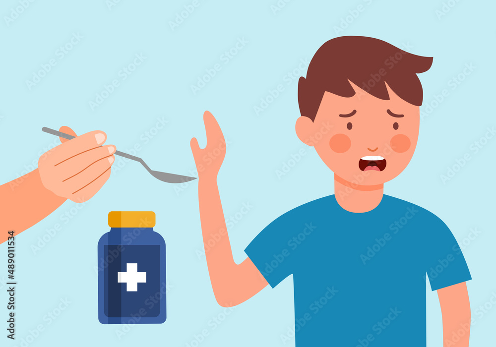 Boy child does not want to take medicine in flat design. Boy child does not want to take medicine in flat design.