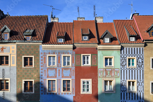 Facades on the central market square in Poznan, Poland