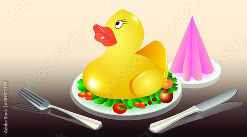 A vividly absurd illustration with a rubber duck on the dinner table