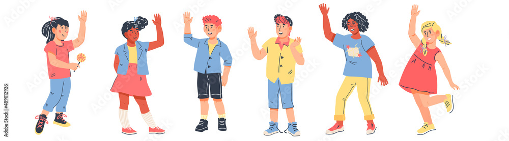 Group of multicultural diverse smiling children. Multiethnic boys and girls waving hands and say Hello, flat cartoon vector illustration isolated on white background. Group of multicultural diverse smiling children. Multiethnic boys and girls waving hands and say Hello, flat cartoon vector illustration isolated on white background.