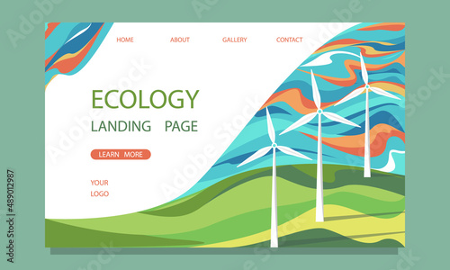 Illustrations of the landing page for the development of websites, web pages.Design template with windmills, wind turbines.An ecological energy source.