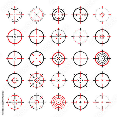 Crosshair, gun sight vector icons. Bullseye, black target or aim symbol. Military rifle scope, shooting mark sign. Targeting, aiming for a shot. Archery, hunting and sports shooting. Game UI element.