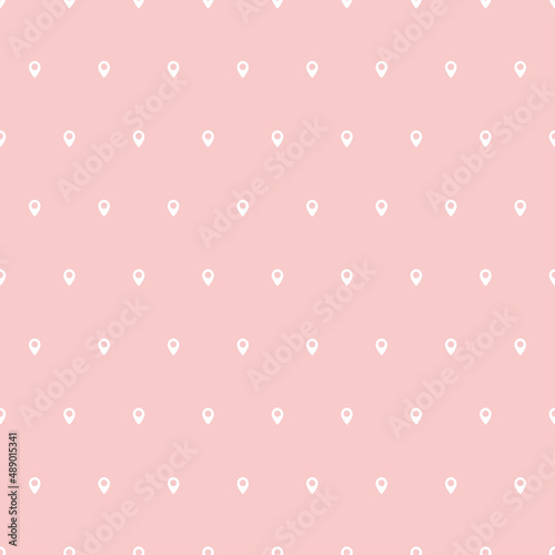 White tiny map pin on pink background. Seamless pattern with map pin.