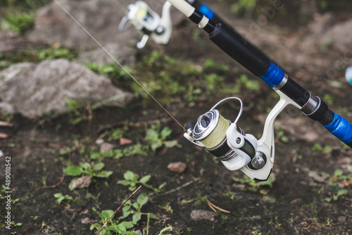 Close up of fishing reel in a fishing rod