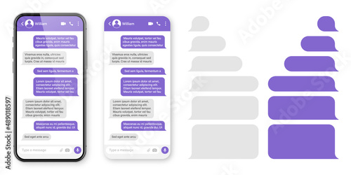 Realistic smartphone with messaging app. Blank SMS text frame. Conversation chat screen with violet message bubbles. Social media application. Vector illustration.