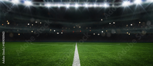 Fototapeta Naklejka Na Ścianę i Meble -  textured soccer game field with neon fog - center, midfield, 3D Illustration